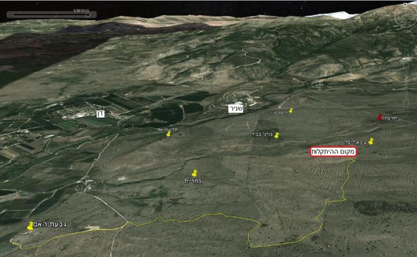 מפת הקרב של זחל"ם המסייעת. בצהוב – הדרך שעשה מגבעת האם עד כ-900 מטר מתל פאחר שם נפגע (להגדלה – לחצו) 